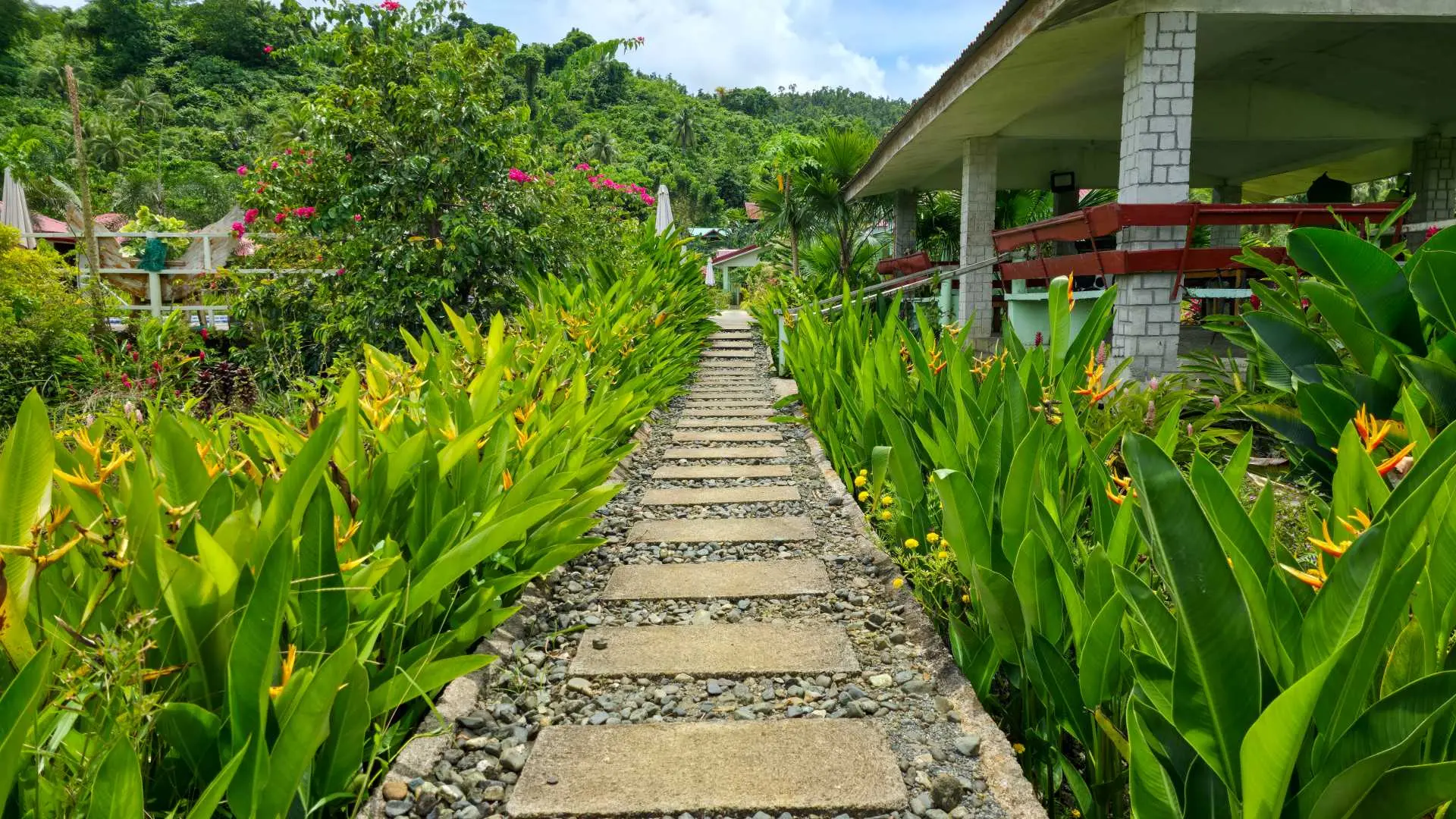 Tropical gardens and palm trees at Mariden Resort Siargao